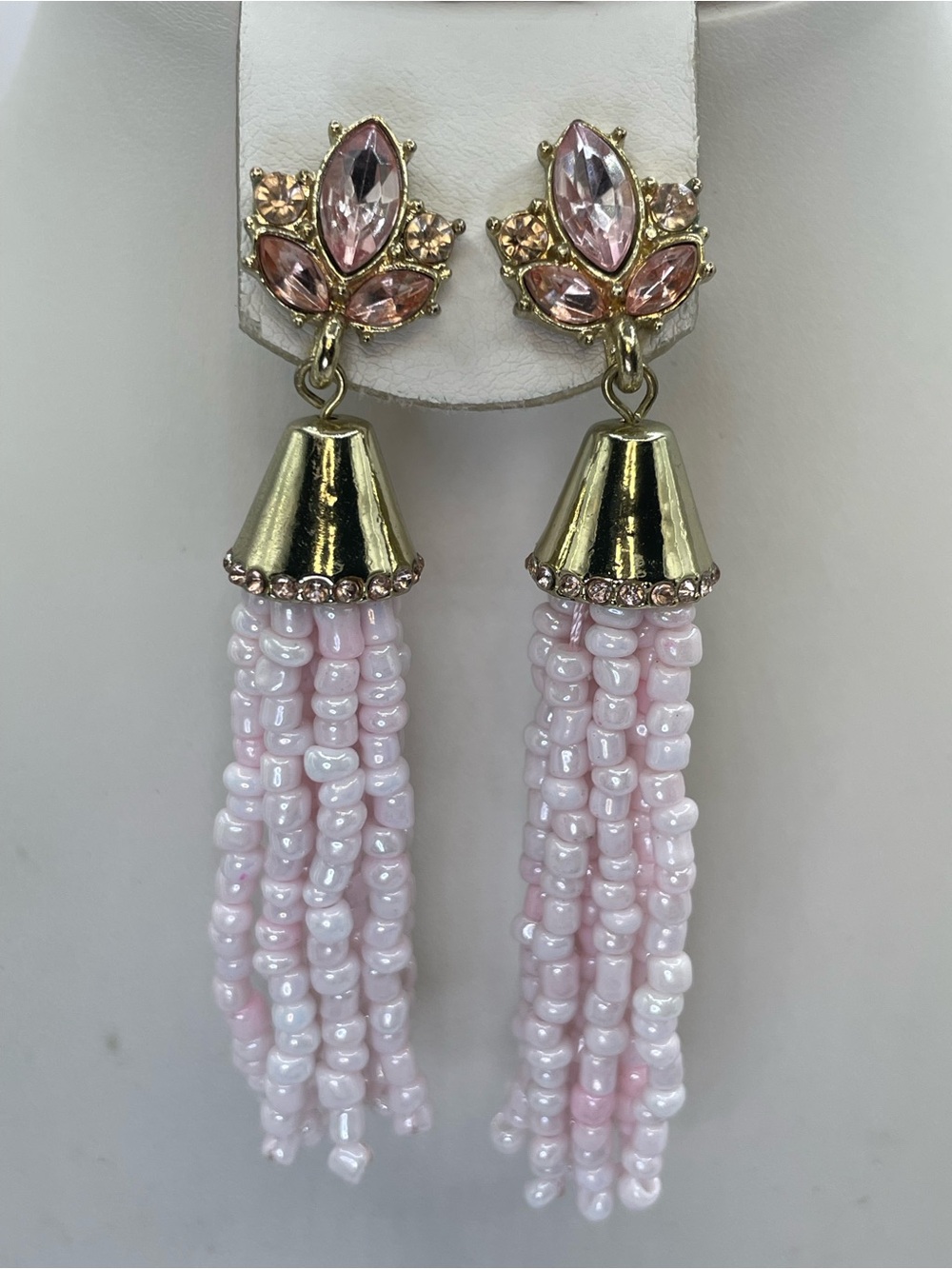 Gold Tone Pink Crystal Glass Beaded Tassel Dangle Earrings Floral Statement